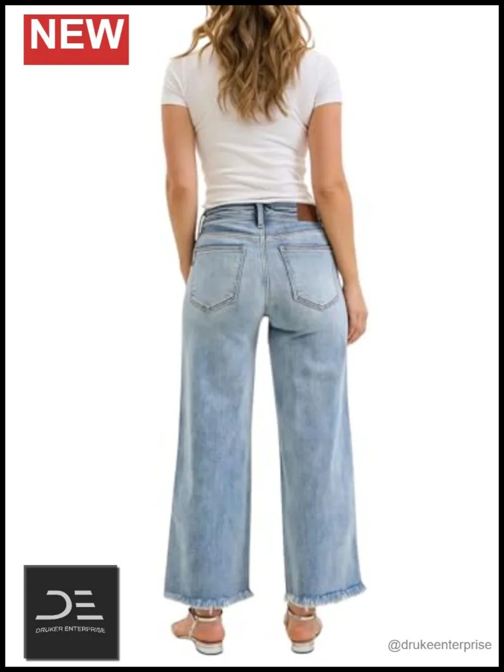 Mid Rise Ankle Wide Leg Jeans with Hollywood Waistband and Frayed Hem
